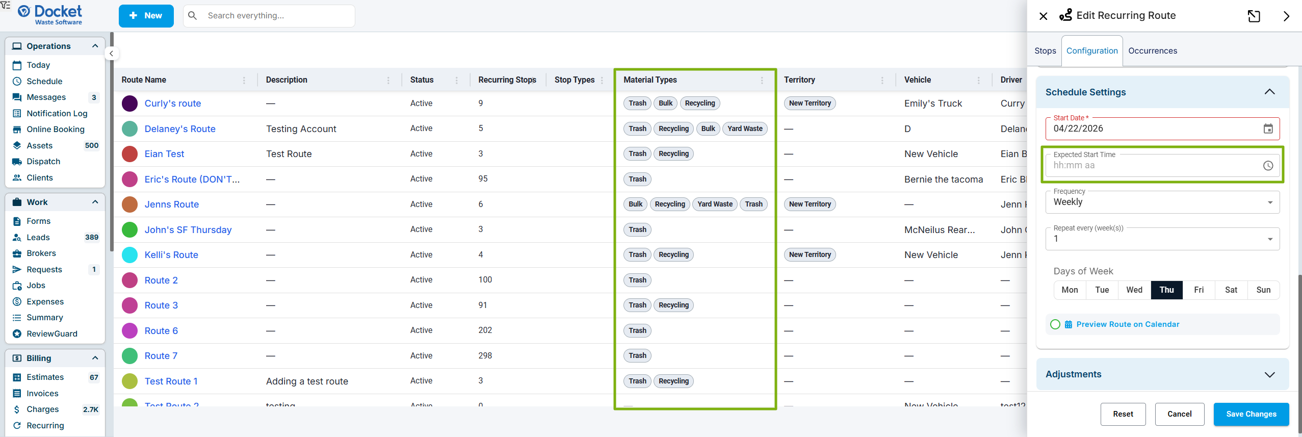 Recurring Routes - Material Types and Expected Start Time.png